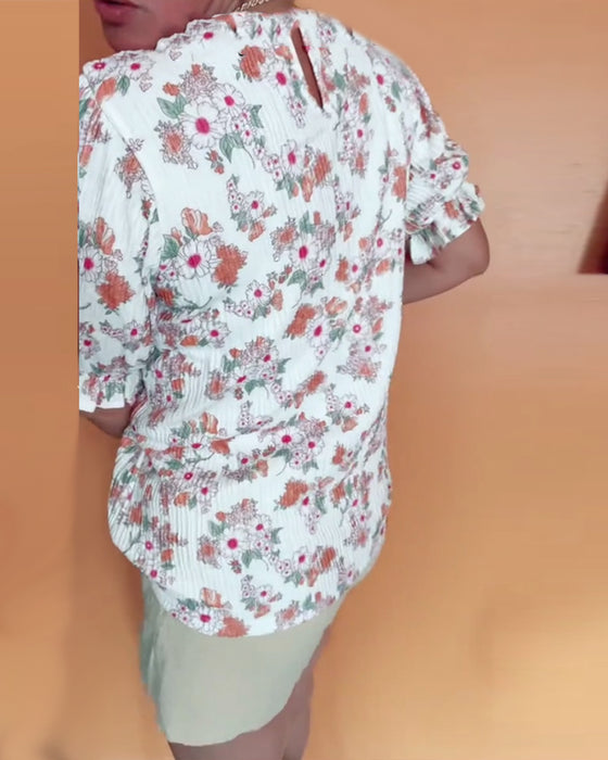 Blus Rund Halsringning Blommig Kort Ärm