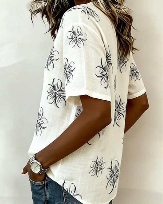 Blouse Crew Neck Knappslå Blommig Casual
