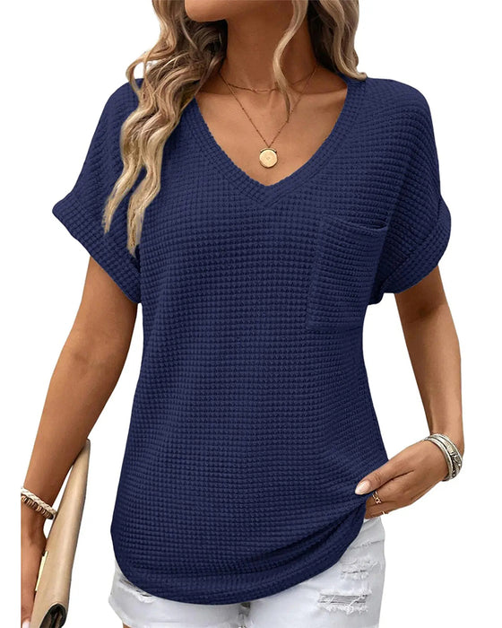 T-Shirt Dam Våffelstickad V-ringning Casual Sommar