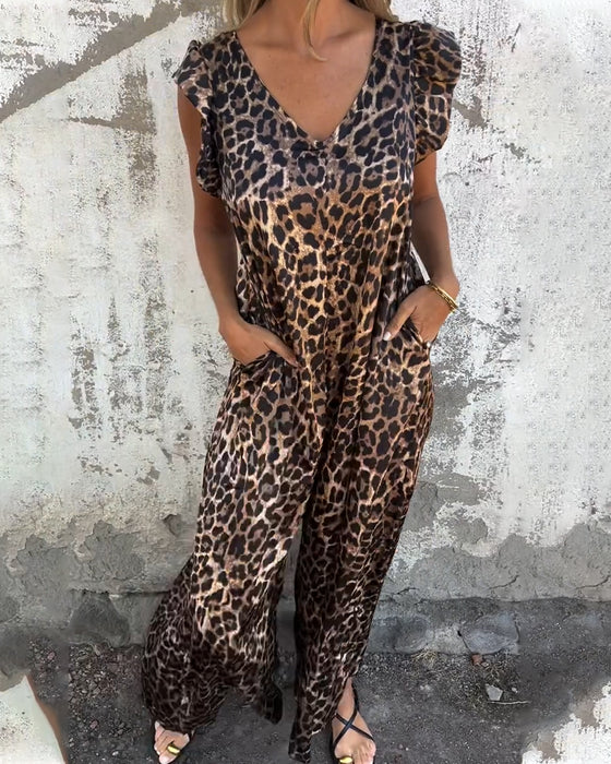 Byxdress V-ringad Leopardmönstrad