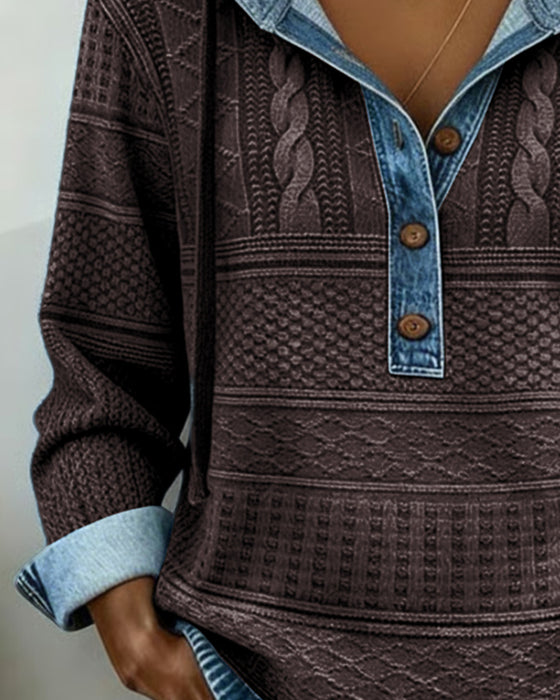 Hoodie I Denim Med Flätstickning Och Lapptäcktsdetaljer