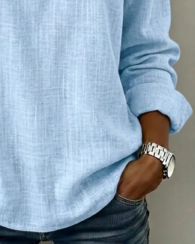 Topp Lång Ärm V-Hals Knapp Ner