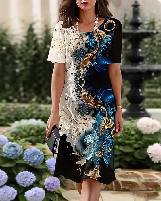 Klänning Rund Hals Tryckt Rak