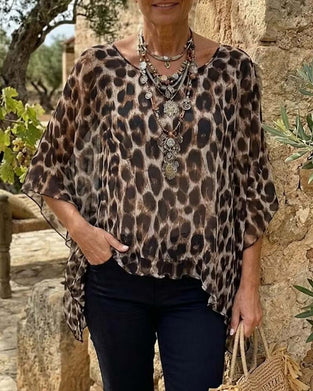 Blus Leopard Fladdermus-Ärm Löst