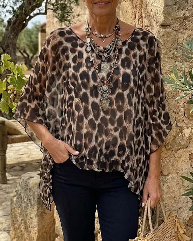 Blus Leopard Fladdermus-Ärm Löst
