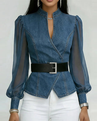Blus I Elegant Mesh Och Denim