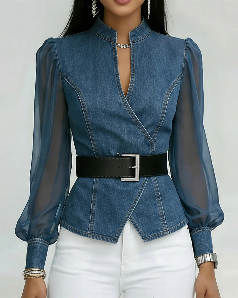 Blus I Elegant Mesh Och Denim