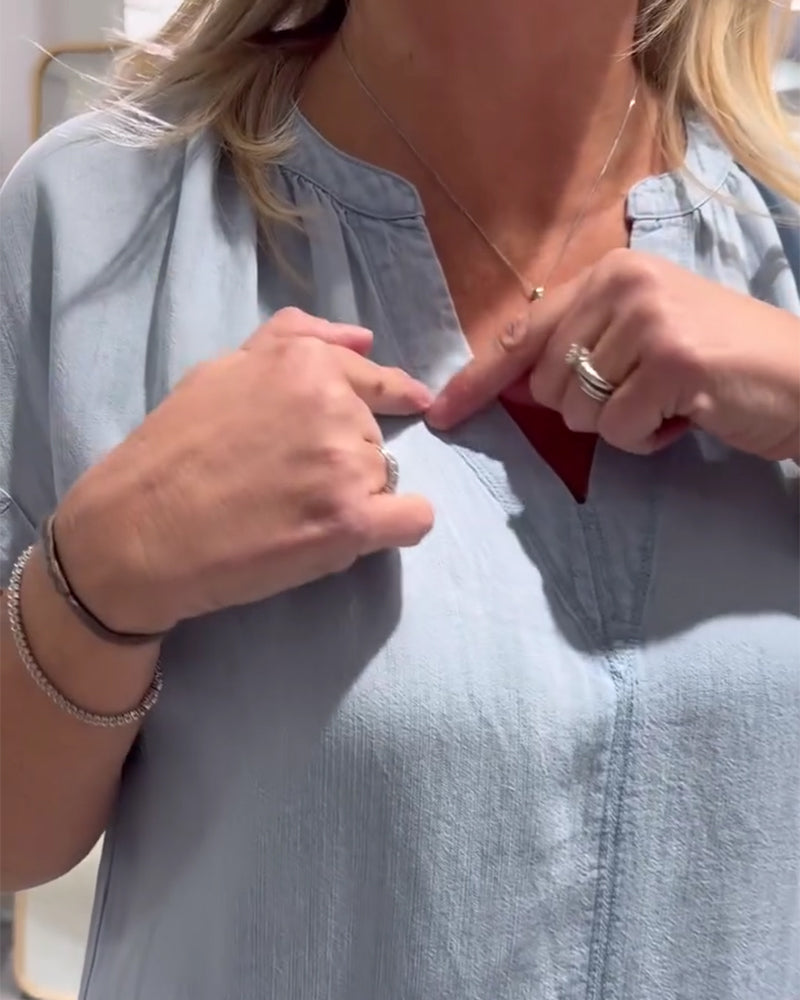 Klänning V-Hals Kort Ärm Denim Avslappnad