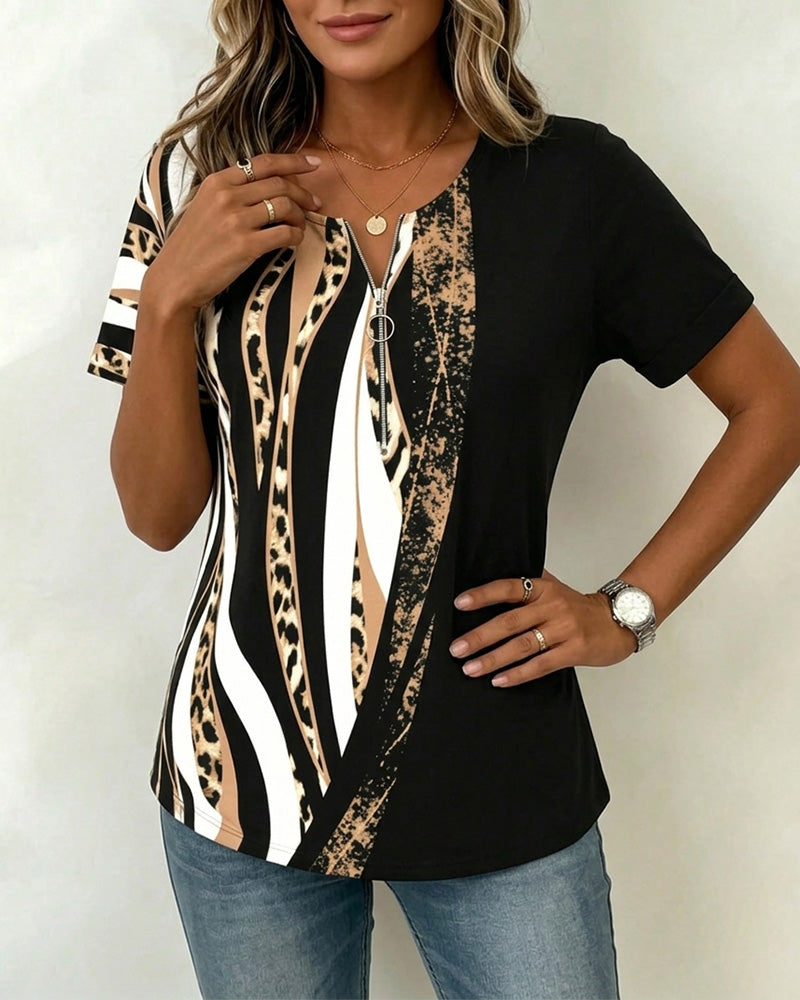 T-Shirt Dragkedja Leopard Tryck Färgblock Casual