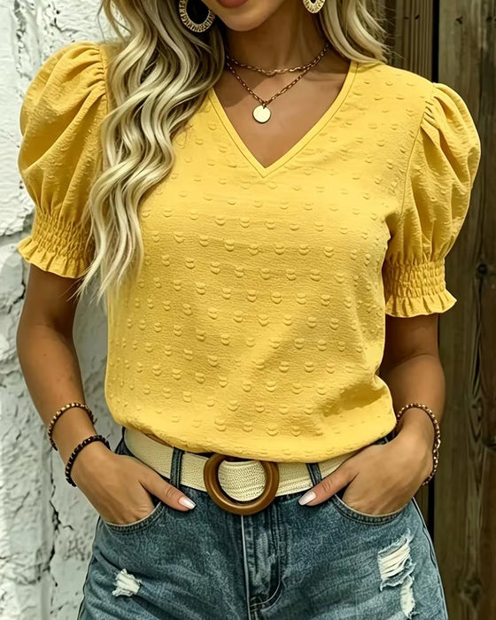 Blus Bubbel Ärm V-Hals Jacquard