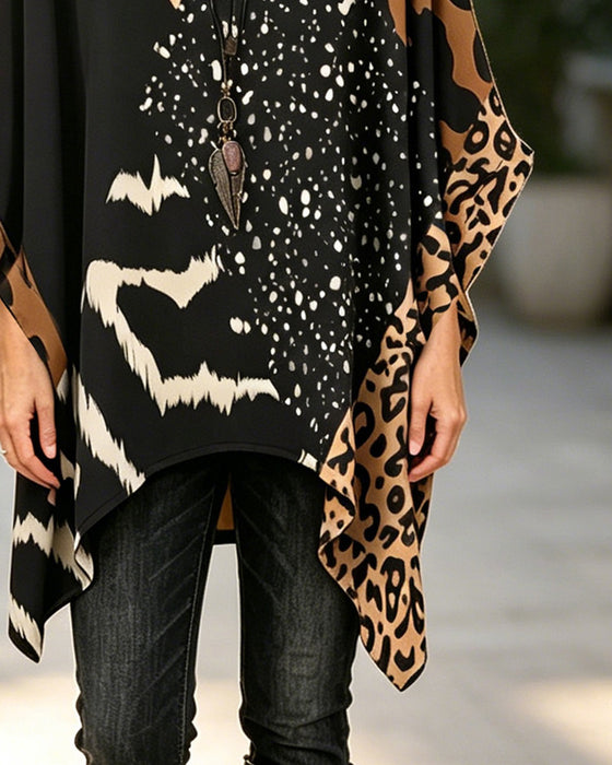Blouse Runt Hals Leopardmönster Pailletter Patchwork