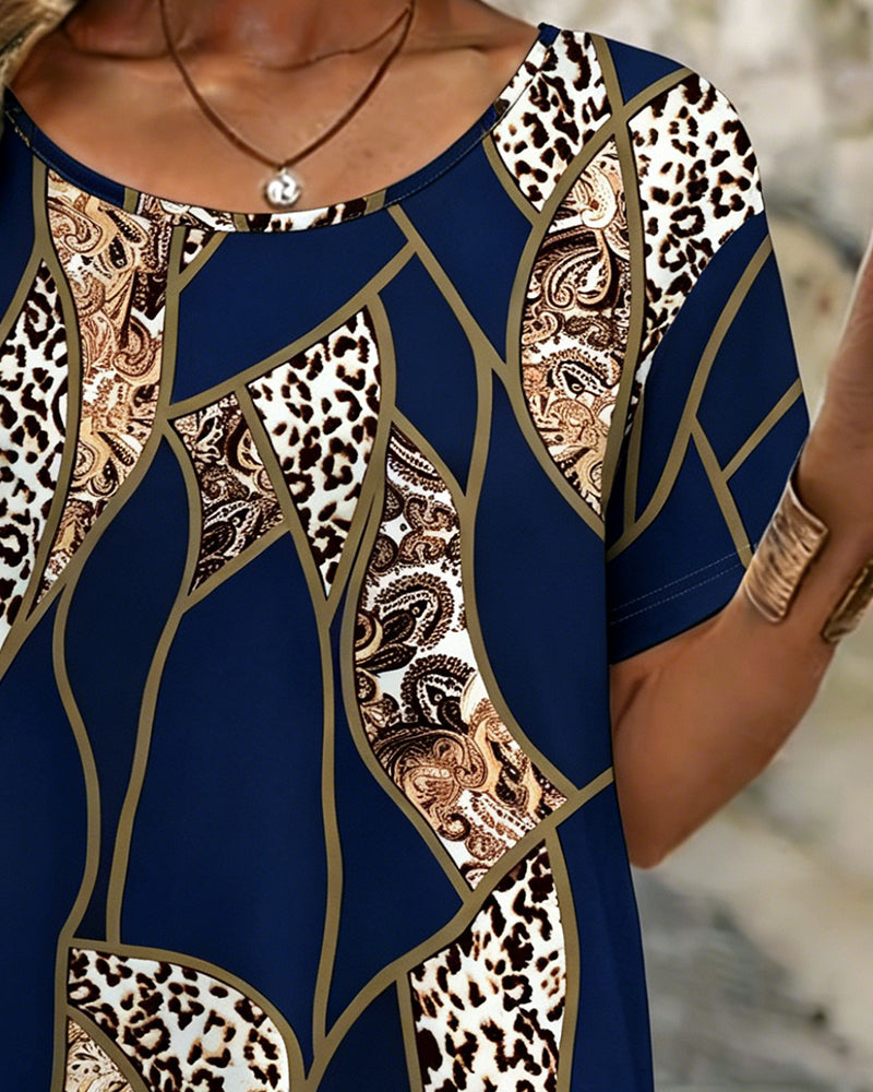 T-Shirt Oregelbunden Geometrisk Leopard Tryck