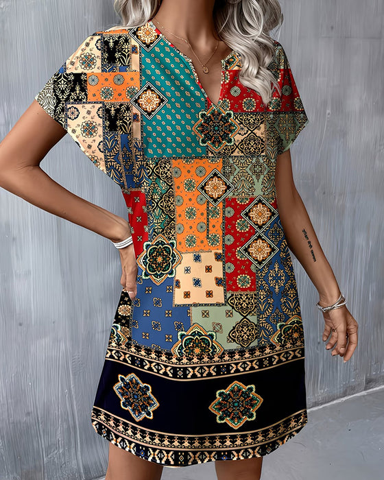 Klänning Etnisk Färgblock Kort Ärm