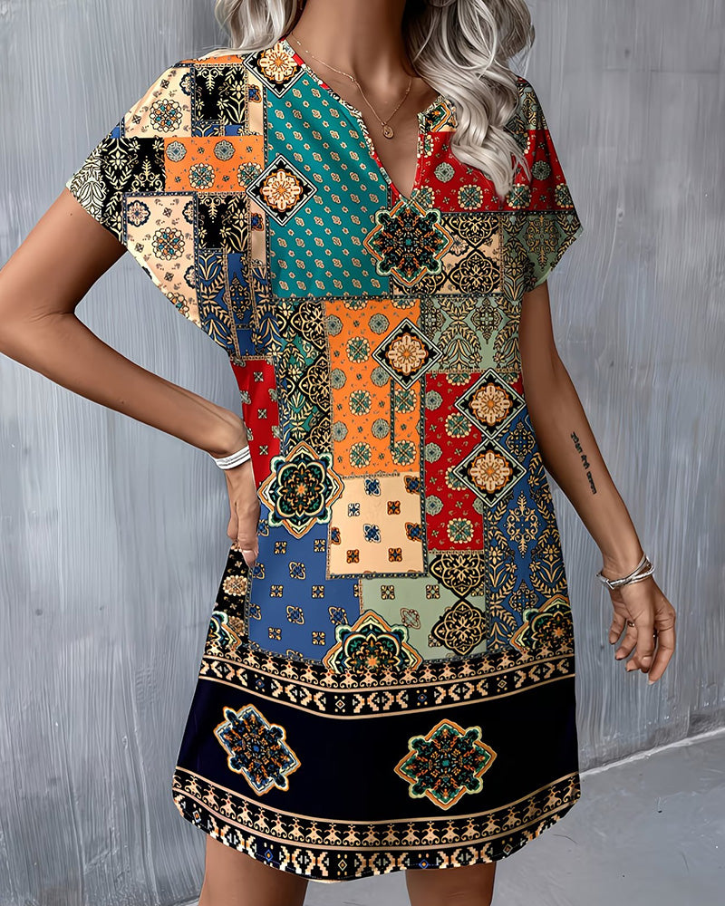 Klänning Etnisk Färgblock Kort Ärm