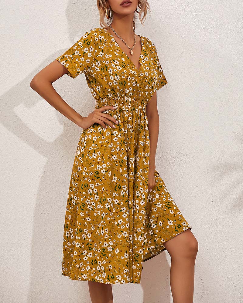 Klänning V-Ringning Snörd Midja Blommigt Print Midi