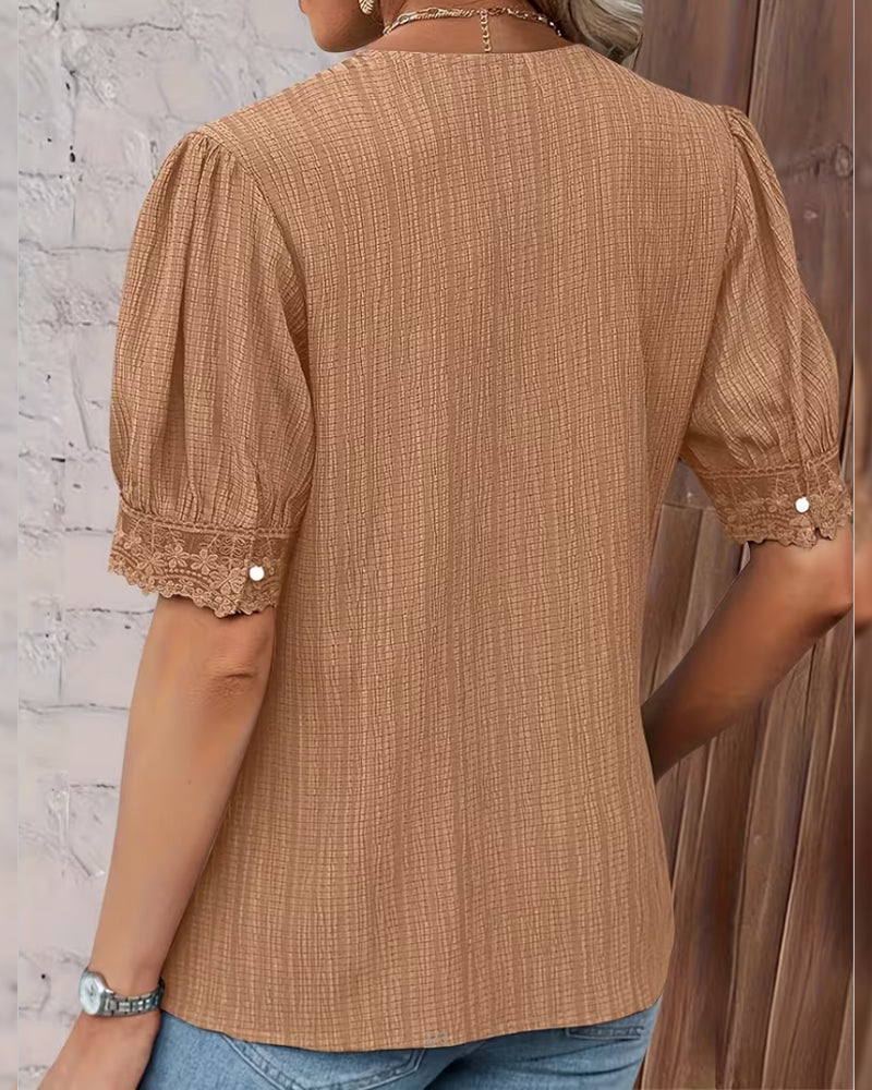 Blus Spets Lapptäcke V-Hals Puff Ärm