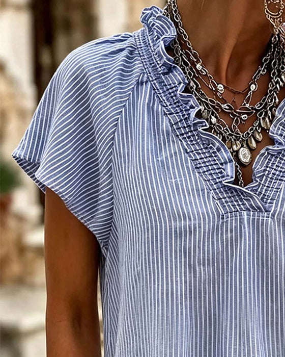 Blus V-Hals Rand Ruffle