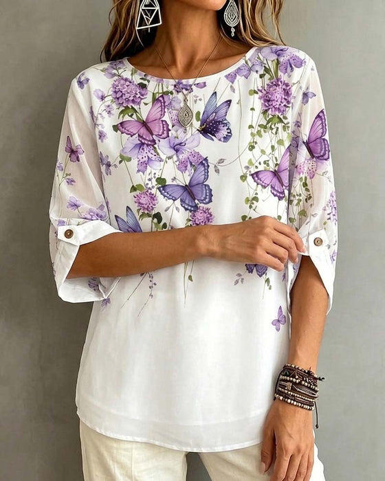 Blus Rundhalsad Fjäril Blommig