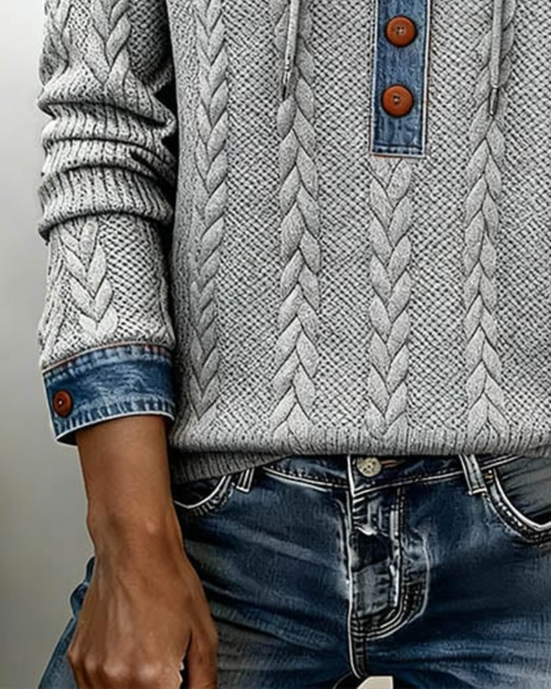 Färgblockad Långärmad Hoodie Med Knappar