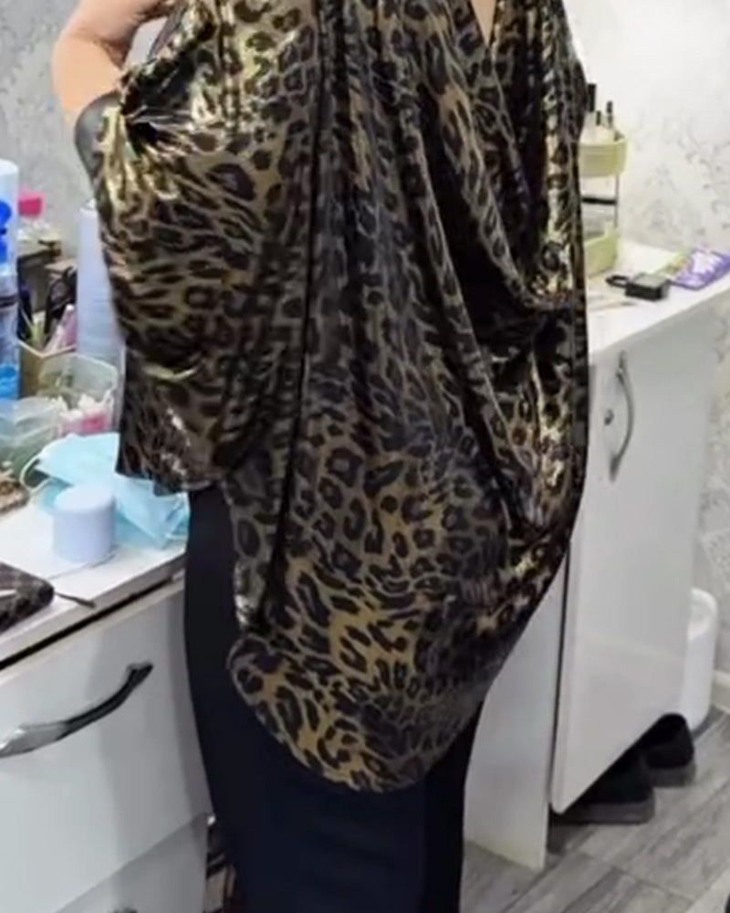 Blus Stilfull Löst Sittande Leopardtryck Crewringning