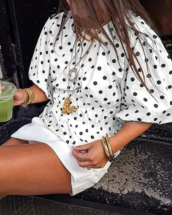 Blus Prickig Off-Shoulder Midjeknyt Bubbla Ärm