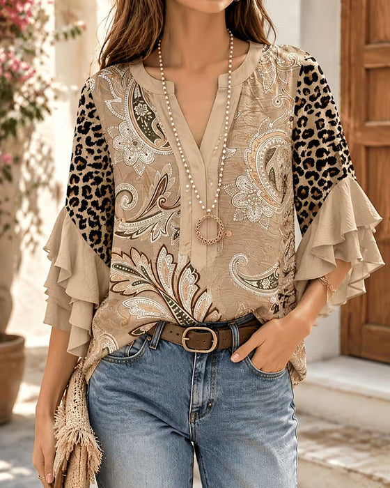 Blus Leopard Tryck Panel Ruffle Ärm