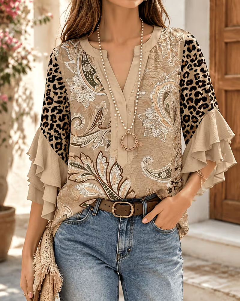 Blus Leopard Tryck Panel Ruffle Ärm