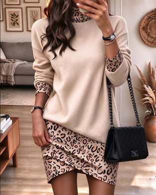 Klänning Hög Krage Leopard Tryck Slim