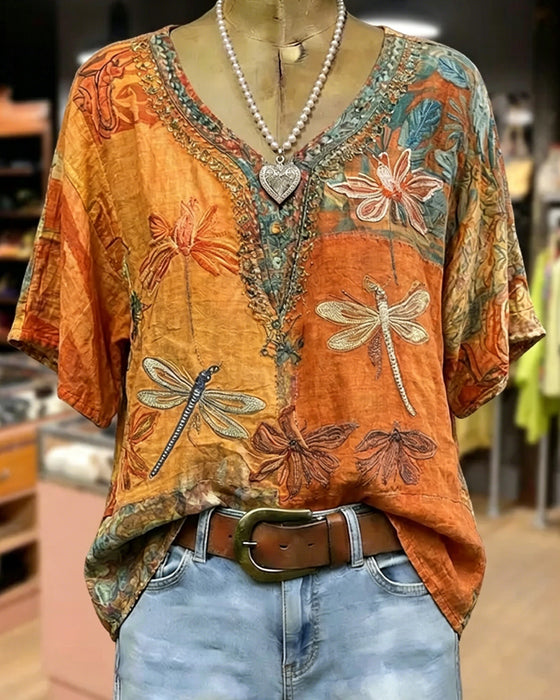 Blus Vintage Trollsländeprint Casual