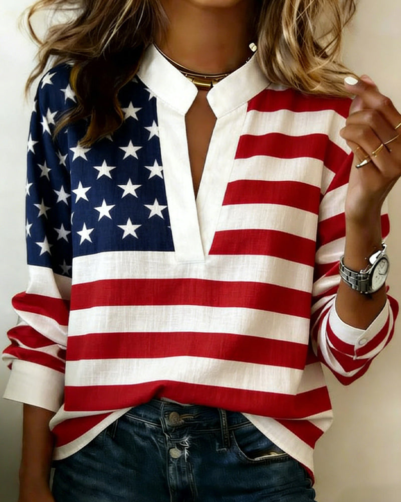 Blus Flagga Print Mandarin Krage V-Hals