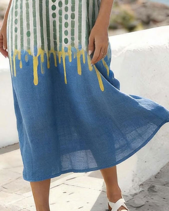 Klänning V-Hals Prickig Randig Kontrastfärg