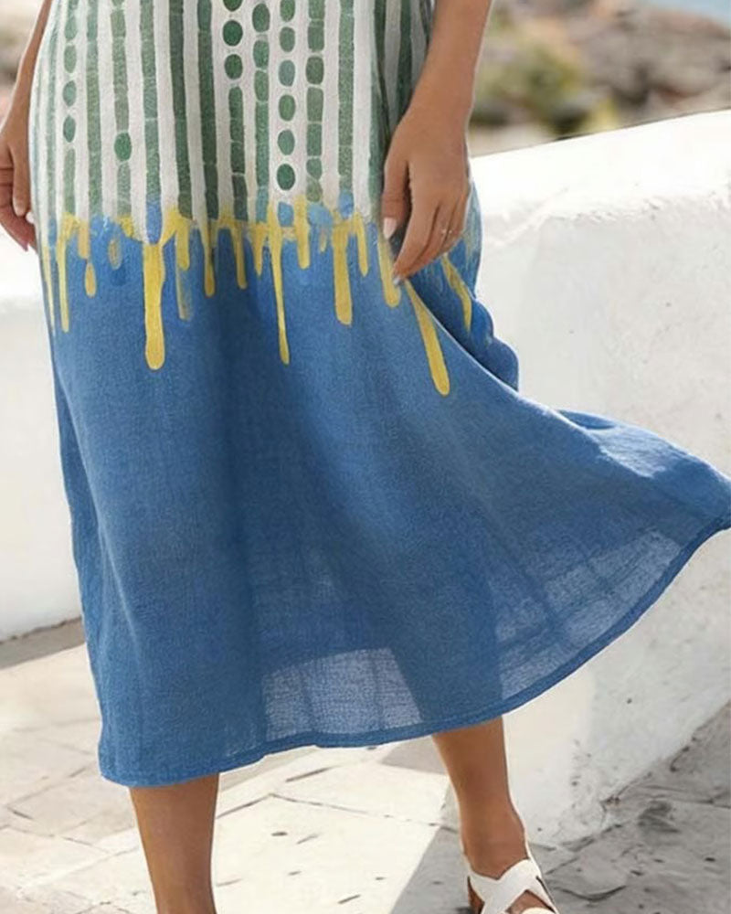 Klänning V-Hals Prickig Randig Kontrastfärg