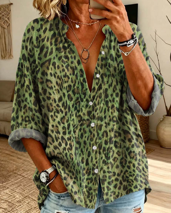 Skjorta V-Hals Knapp Leopard Lång Ärm