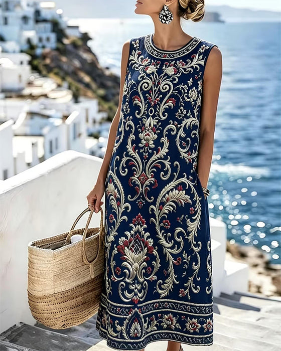 Klänning Vintage Blommig Ärmlös Lång