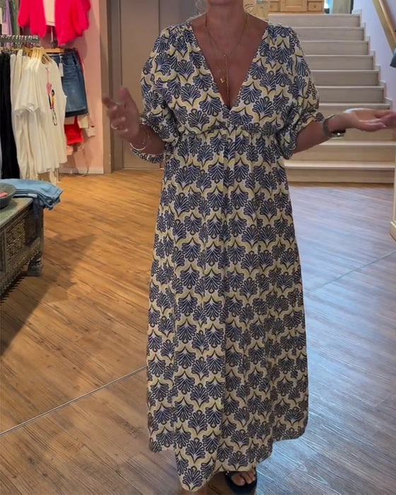 Klänning Vintage Djup V-Hals Blommig