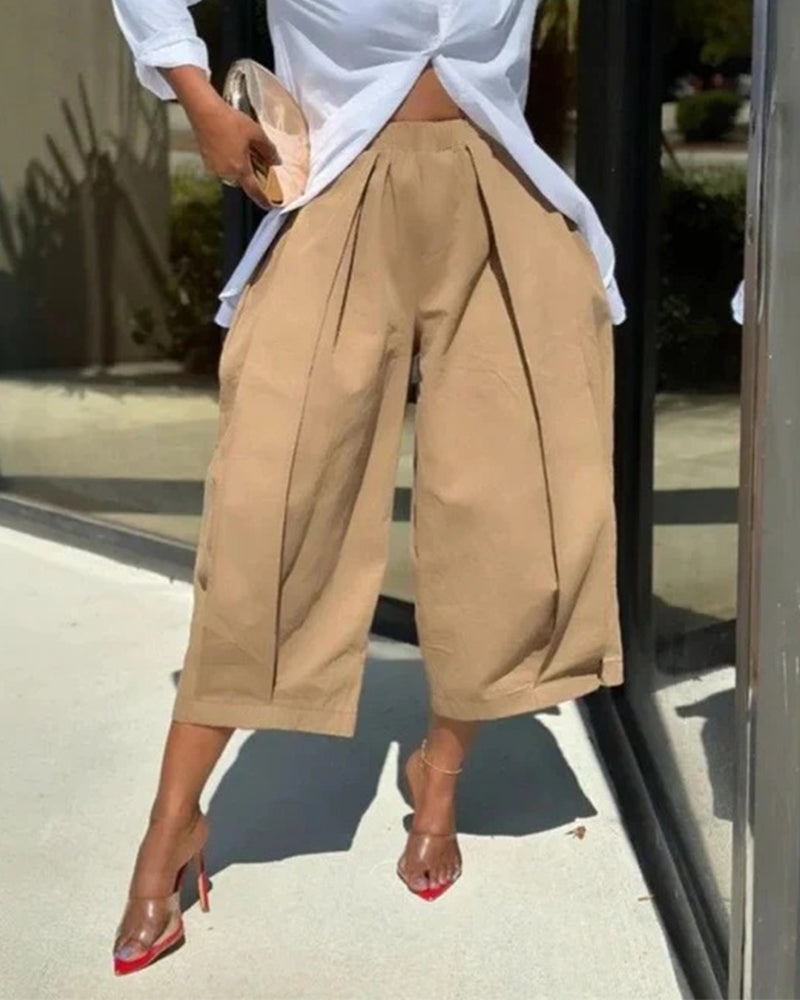 Byxor Enfärgad Elastisk Midja Tulpafåll Croppad