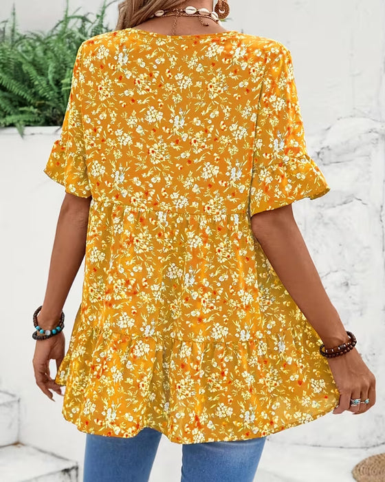 Blus V-Hals Flutter Ärm Blommig