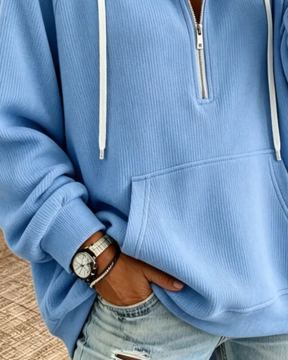 Hoodie Halv Dragkedja Långärmad Ficka