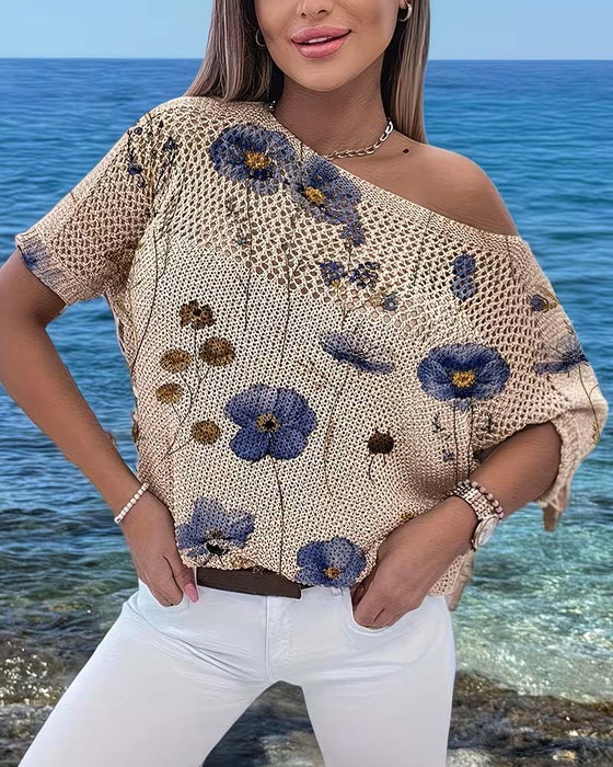 Pullover Rundhals Blommig Urholkning Lös