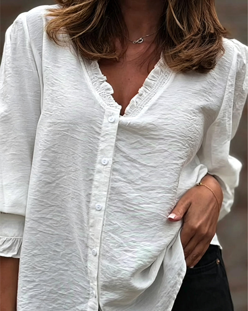 Blus V-Hals Knapp Fram Ruffle Puffärm