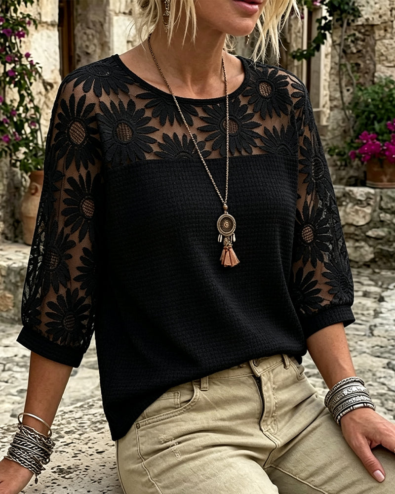 T-Shirt Runda Halsen Spets Vaffel Patchwork