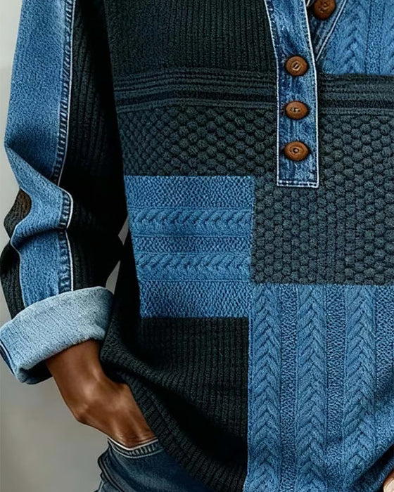 Tryckt Sweatshirt Med Långa Ärmar Och Knappskjortkrage