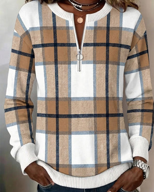 Sweatshirt Rutig Halvdragkedja Rund Halsning Pullover
