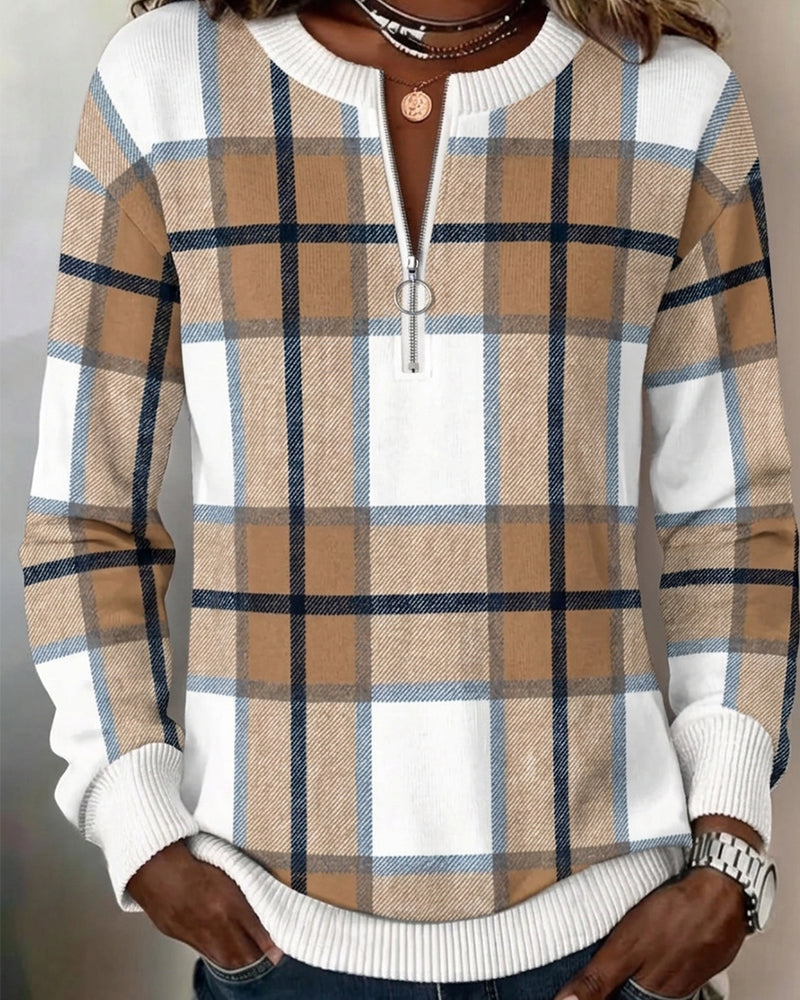 Sweatshirt Rutig Halvdragkedja Rund Halsning Pullover