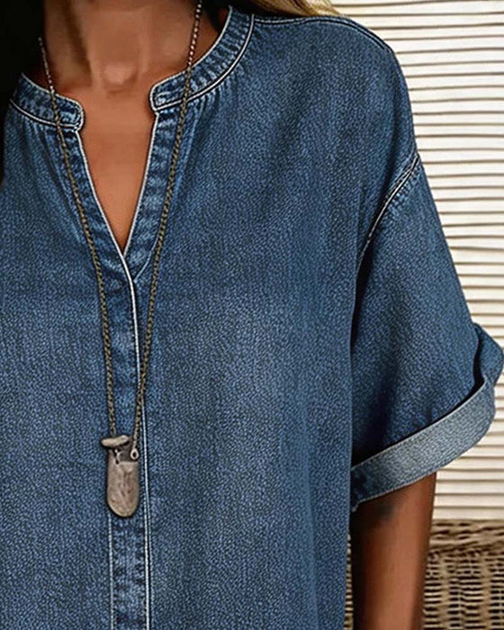 Blusar V-Hals Denim Kortärmad