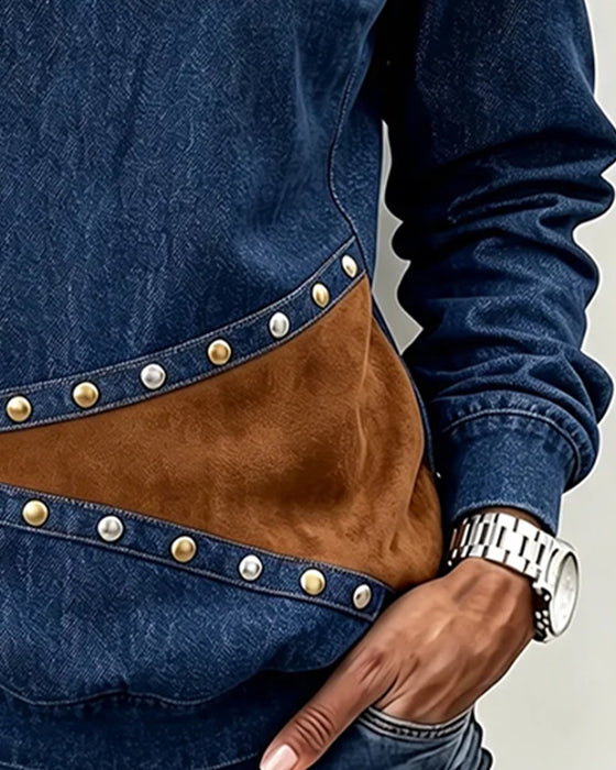 Topp Rund Hals Denim Spliced Färgblock