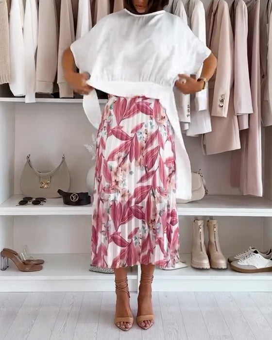 Blus Enfärgad Midjeband Kort Ärm