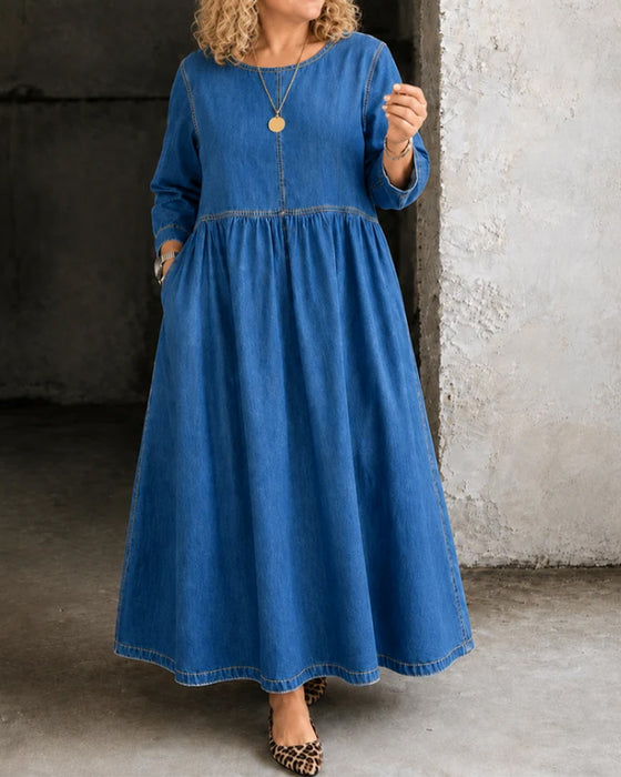 Klänning Rund Hals Veckad Lång Ärm Denim