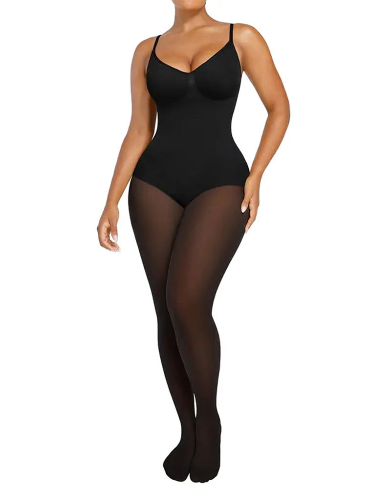 Genomskinlig Panel Med Fleecefodrade Tights Stay-Warm Magkontroll Sheer Effekt Tights Bodysuit Svart Basic
