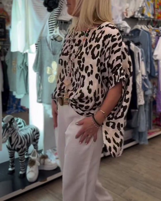 Blus Med Rund Hals Leopardtryck Lös